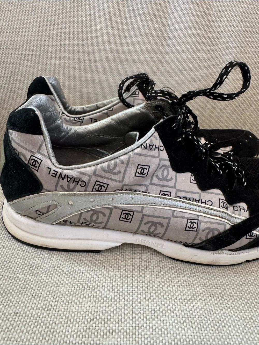 CHANEL Black & Silver Logo-Print Sneakers. Sz 39/9. Comes with dustbag
